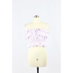 RW Purple White Striped Cotton Broadcloth Ruffled Tiered Crop Top, Size M